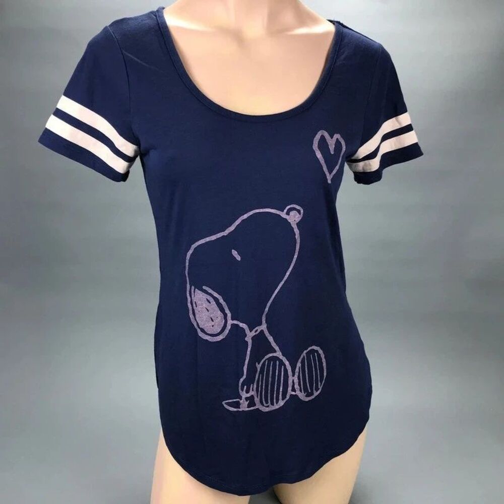 Peanuts Snoopy Navy Blue Varsity Stripe Graphic Tee | Juniors Size M (7-9)